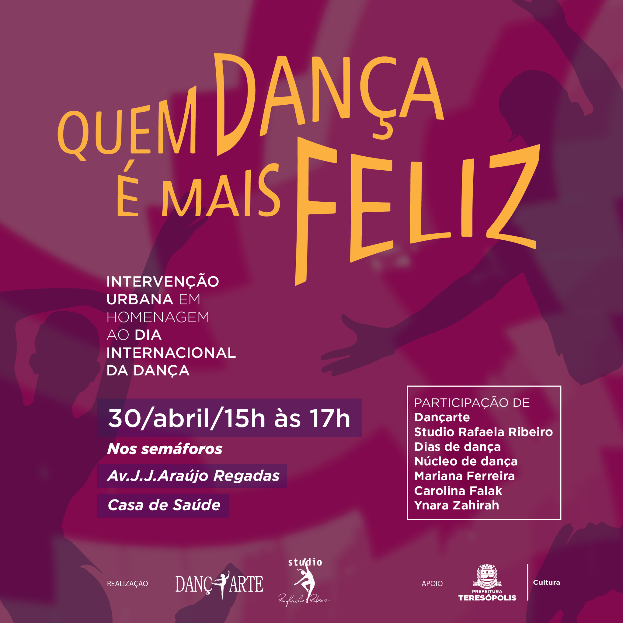 Read more about the article Dia Internacional da Dança terá intervenção artística ‘Quem Dança é Mais Feliz’ no centro de Teresópolis no próximo sábado, 30