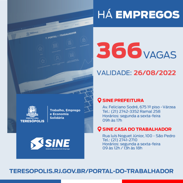 Programa 'Emprega Terê' divulga 258 oportunidades de emprego no Sine  Teresópolis - Prefeitura de Teresópolis