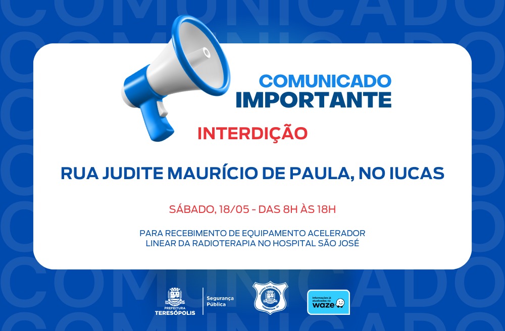 Você está visualizando atualmente Comunicado: Interdição da Rua Judite Maurício de Paula, no Iucas, neste sábado, 18/05, das 8h às 18h