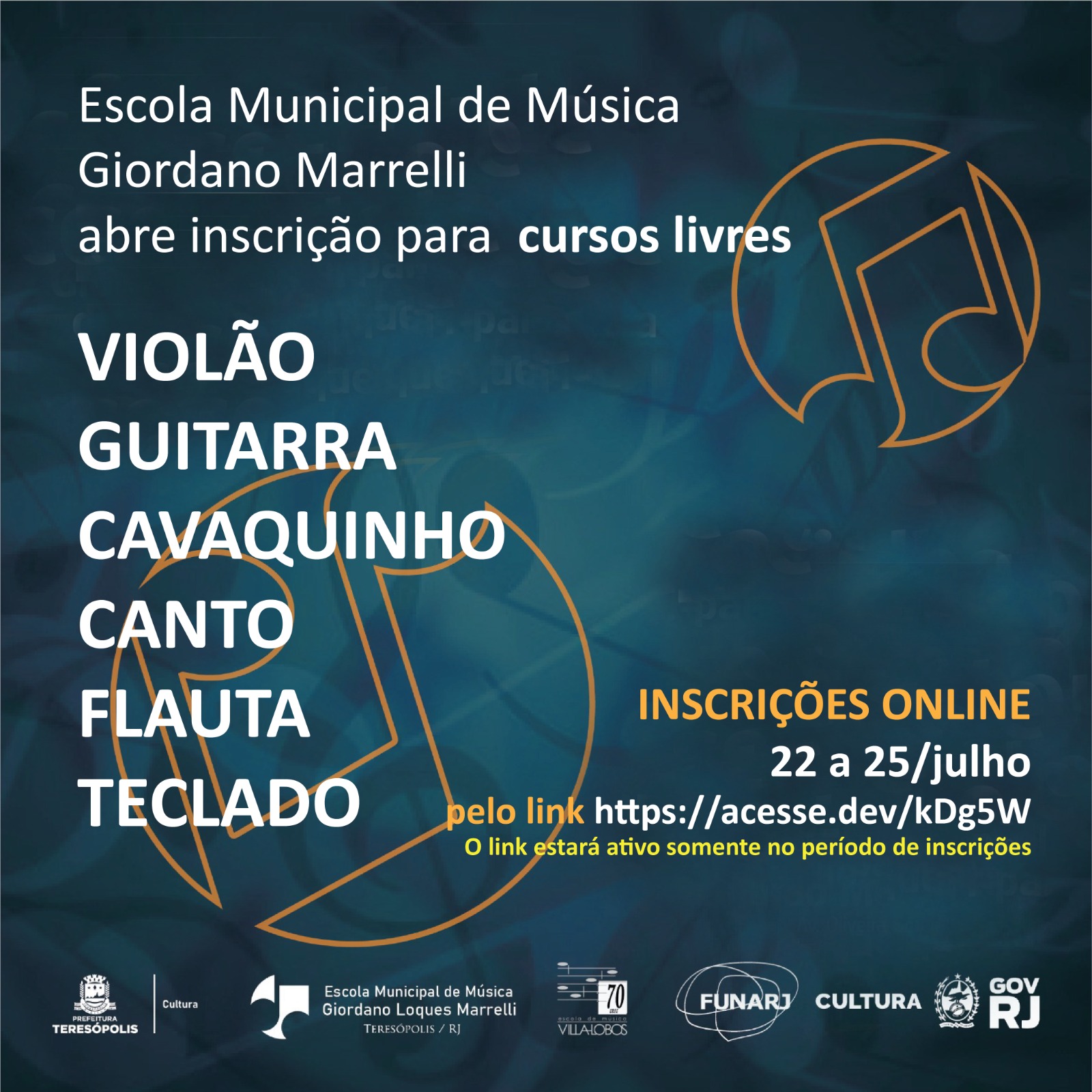 No momento, você está visualizando Prefeitura informa: Escola Municipal de Música Giordano Marrelli abre inscrição para os cursos livres de violão, guitarra, cavaquinho, canto, flauta e teclado