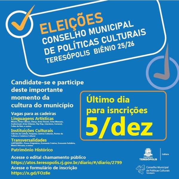 Leia mais sobre o artigo Último dia de inscrição online para a eleição do Conselho Municipal de Políticas Culturais de Teresópolis