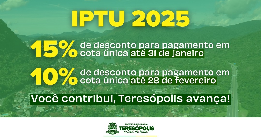 No momento, você está visualizando IPTU 2025: Cota única paga até 31 de janeiro garante 15% de desconto em Teresópolis