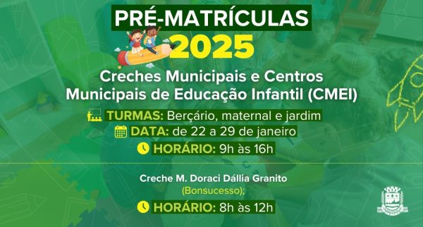 Leia mais sobre o artigo Ano Letivo 2025: Pré-matrícula para creches municipais e CMEIs será entre os dias 22 e 29 de janeiro