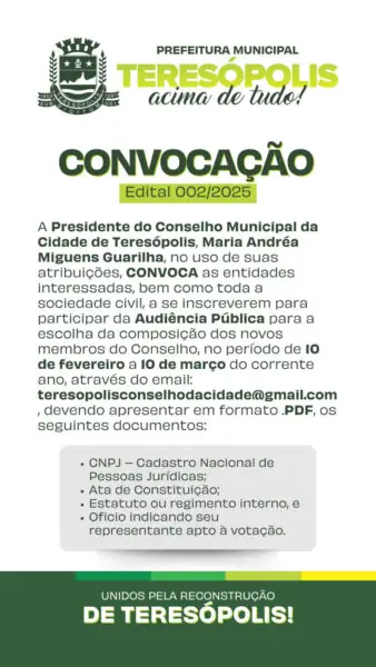 Leia mais sobre o artigo Conselho Municipal da cidade de Teresópolis prorroga inscrições para composição de novos membros