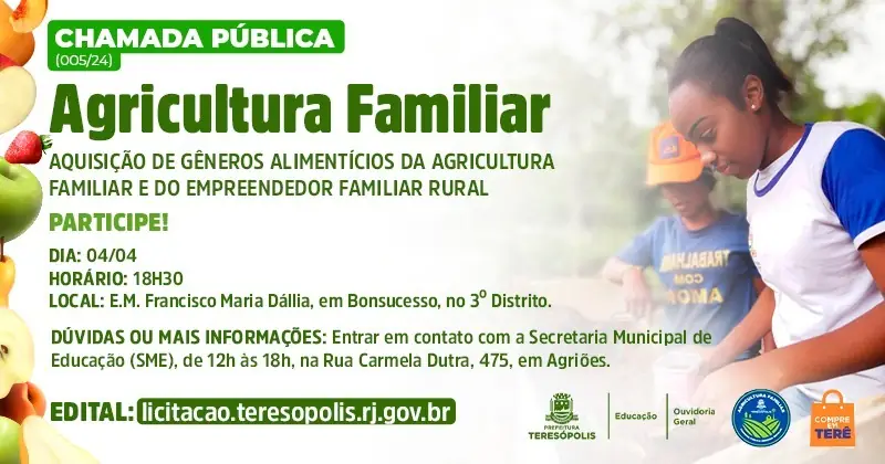 No momento, você está visualizando Inscrições on-line para Chamada Pública da Agricultura Familiar para compor a merenda escolar terminam na próxima quarta, 3/04